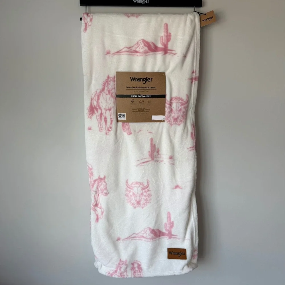 New Wrangler Western Cowboy White Pink 60x70 Blanket Horse Cactus Pastel Cute